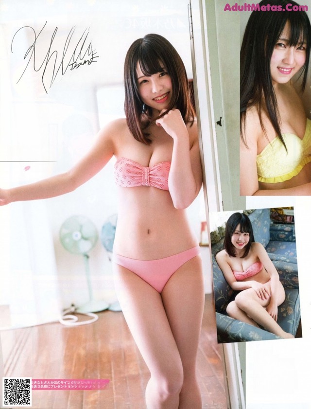 A woman in a pink bikini posing for a magazine.