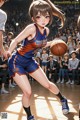 A woman in a blue and orange uniform holding a basketball.