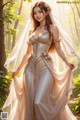 a woman in a wedding dress standing in the woods